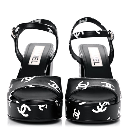 Chanel Printed Lambskin Coco Beach Platform Sandals 37 Black White 2 of 9