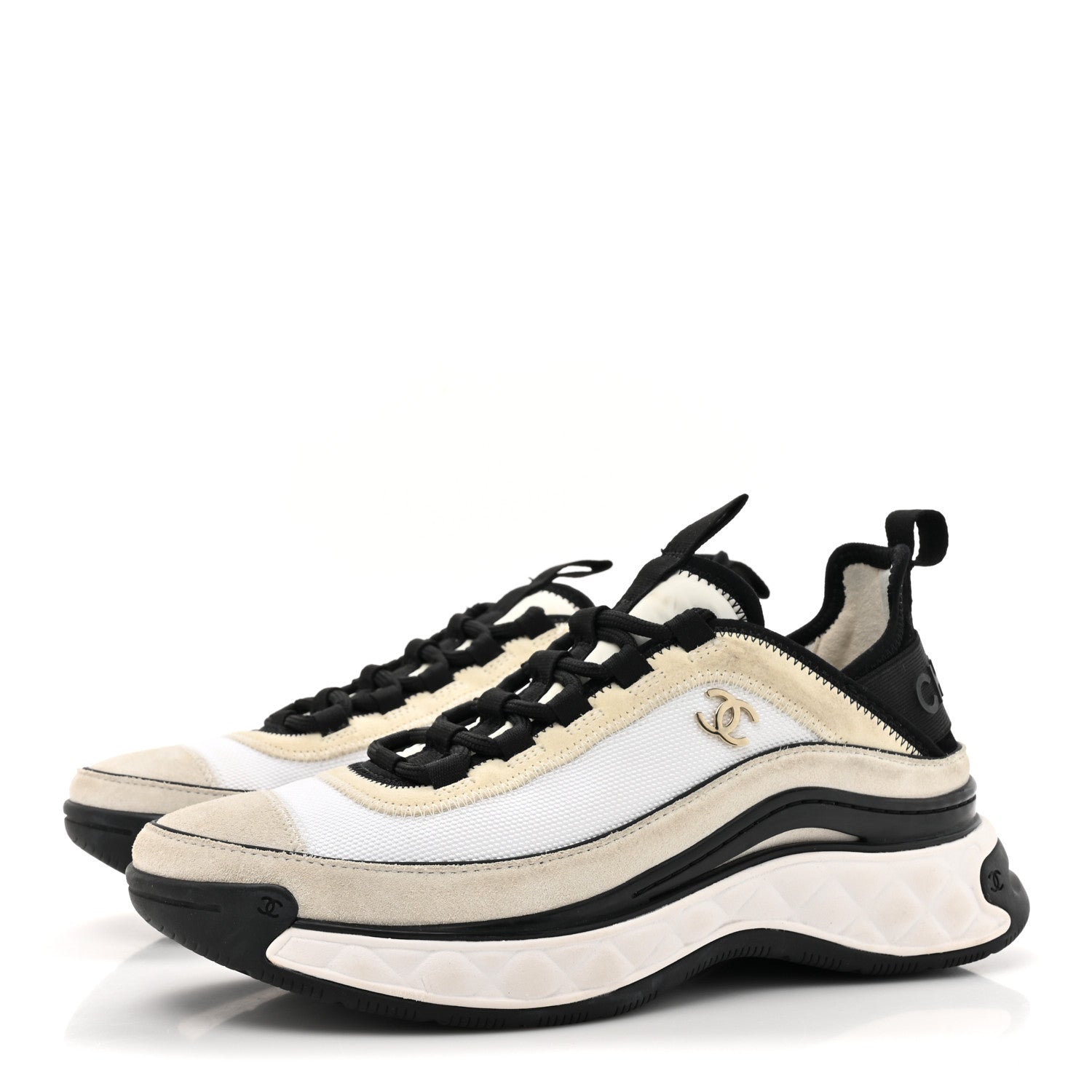 Chanel Velvet Calfskin Mixed Fibers CC Sneakers 37.5 Ivory Black 3 of 12