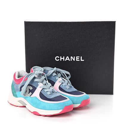 Chanel Nylon Lambskin Suede Calfskin CC Sneakers 37 Navy Turquoise 7 of 7