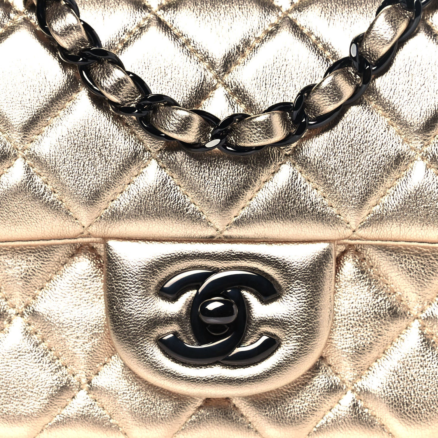 Metallic Lambskin Quilted Mini Rectangular Flap Gold Black