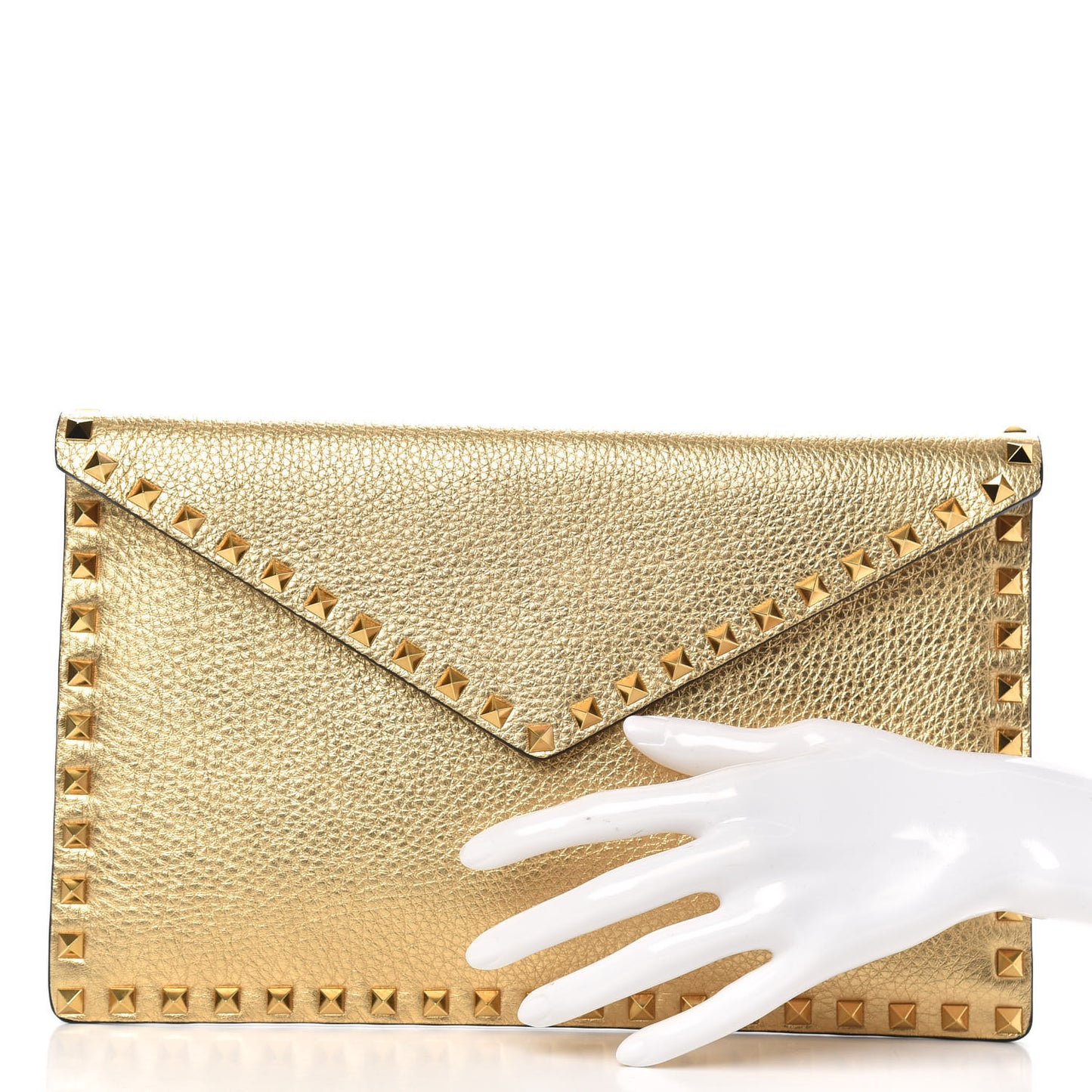 Metallic Pebbled Calfskin Large Rockstud Envelope Clutch Gold
