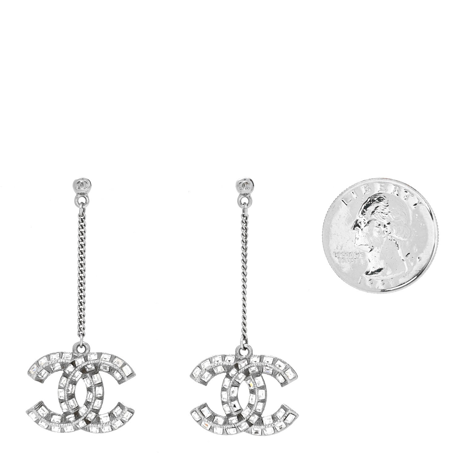 Chanel Baguette Crystal CC Drop Earrings Silver 2 of 3