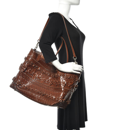 Valentino Garavani Calfskin Punched Lace Floral Tote Cognac 3 of 10
