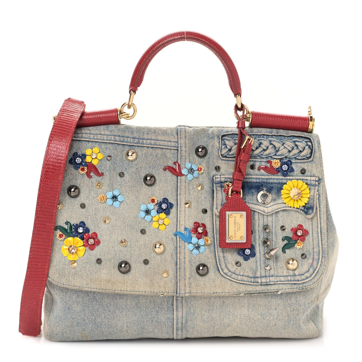 Crystal Embellished Denim Lizard Miss Sicily Satchel Blue