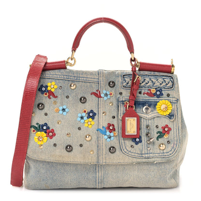 Dolce & Gabbana Crystal Embellished Denim Lizard Miss Sicily Satchel Blue 3 of 9