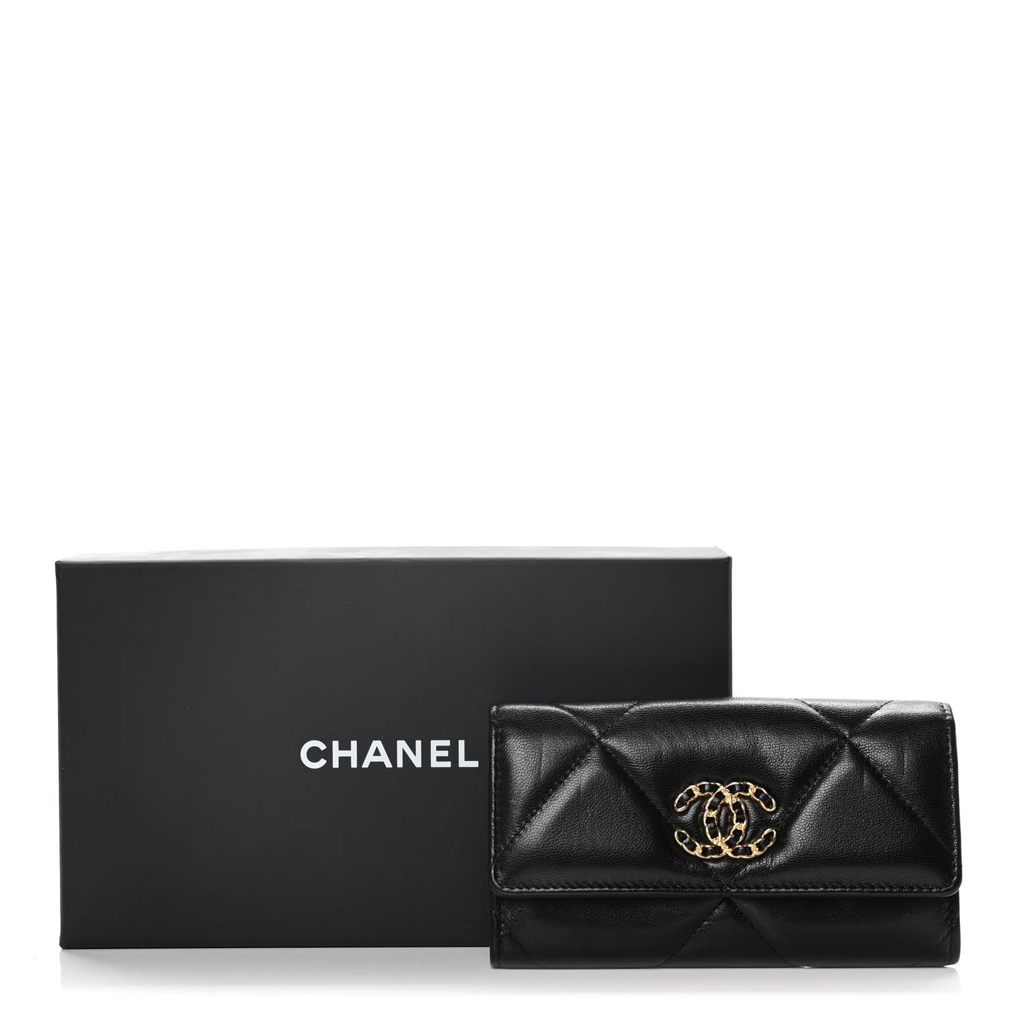 Shiny Goatskin Quilted Chanel 19 Flap Wallet Black