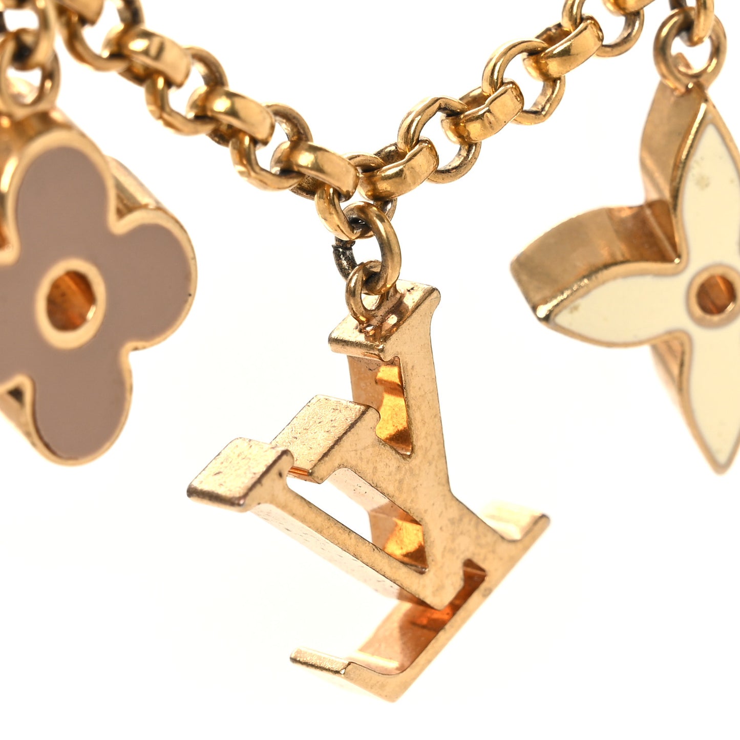 Brass Enamel Fleur De Monogram Bag Charm Chain Gold