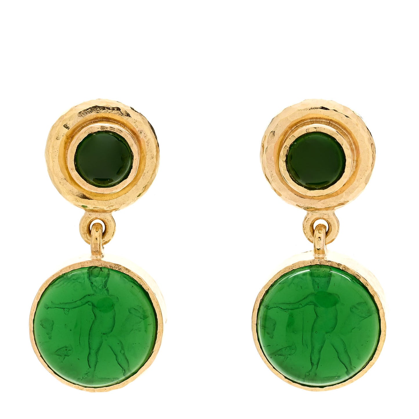 19K Yellow Gold Chrome Diopside Venetian Glass Putto and Duck Earrings Green