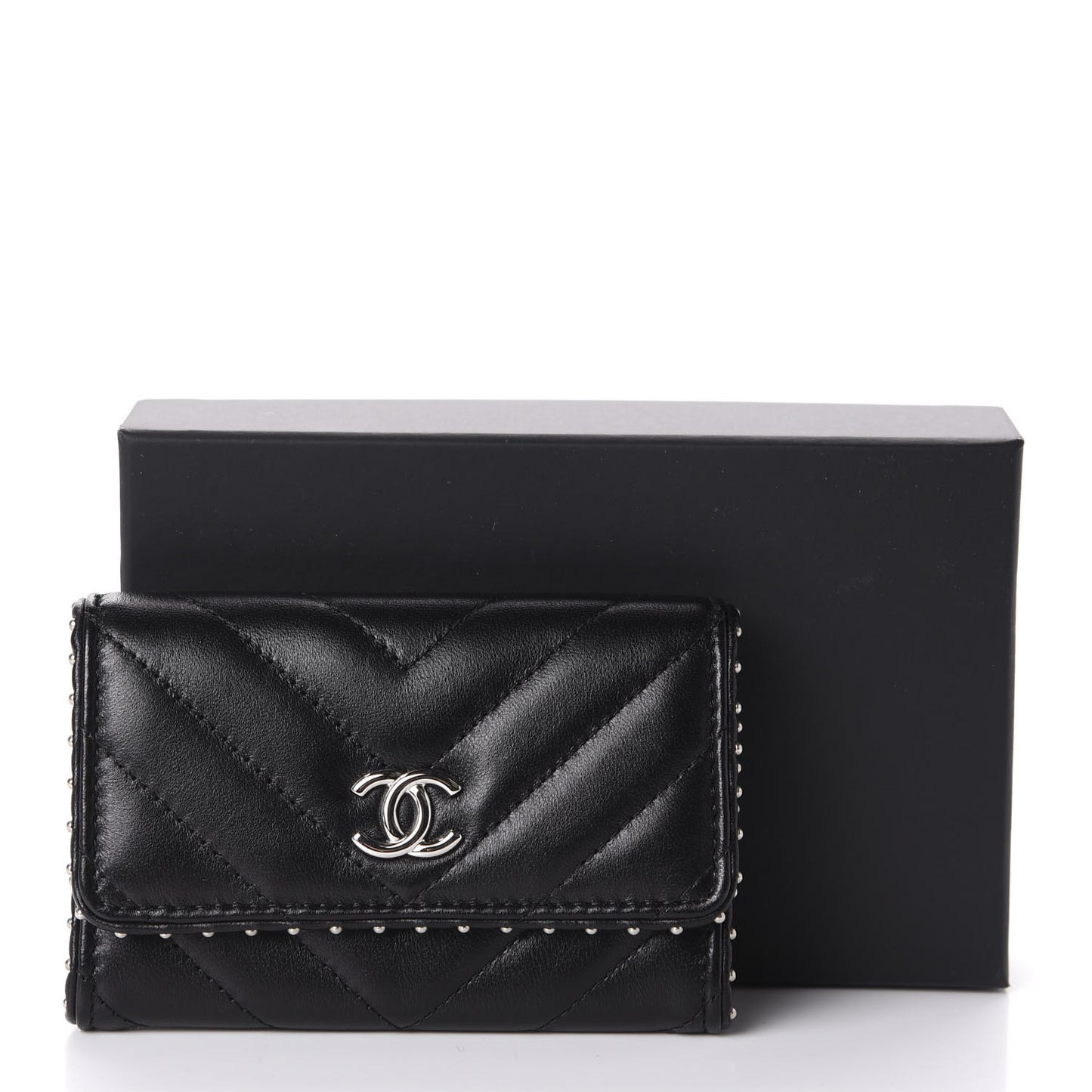 Lambskin Chevron Quilted Studded Card Holder Black