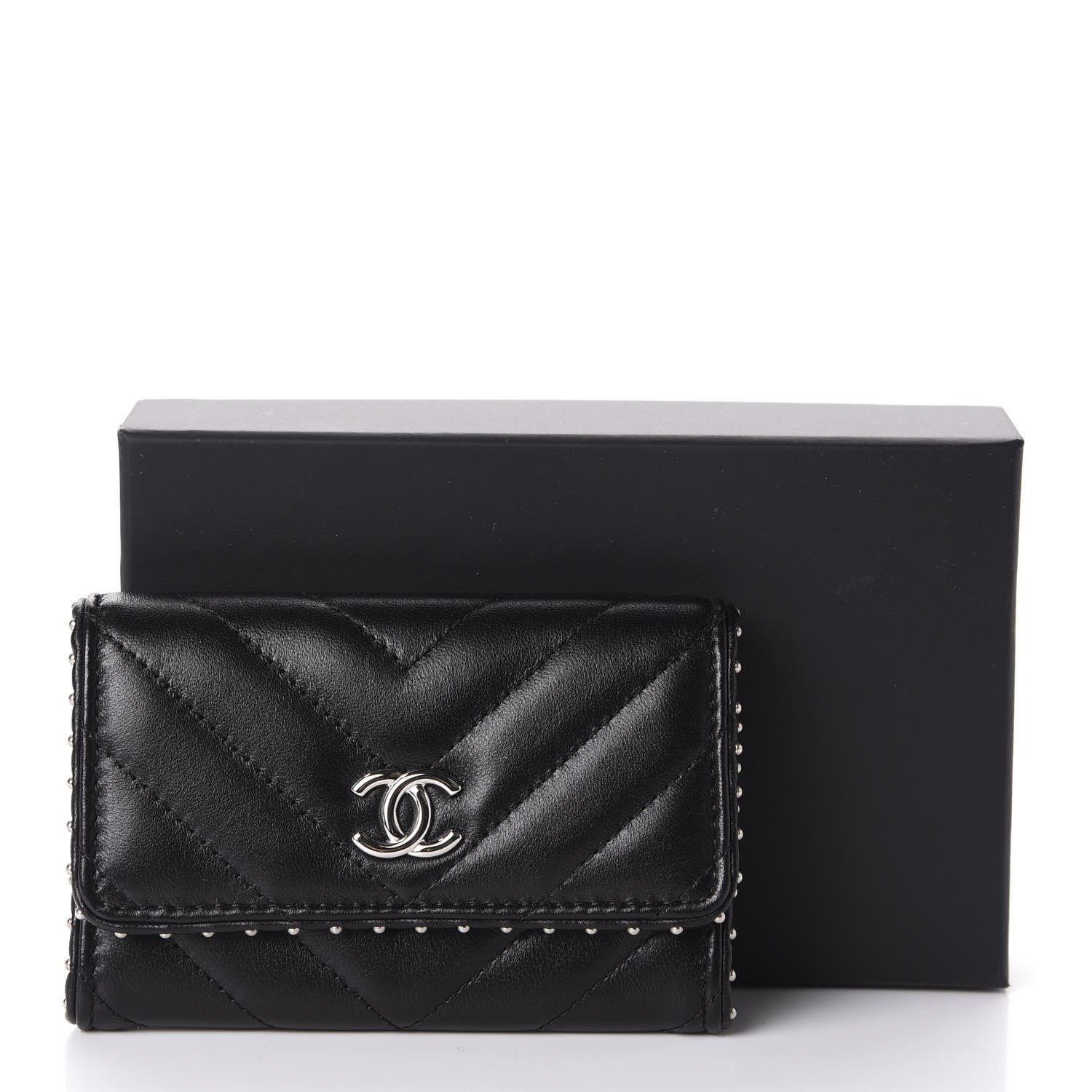 Chanel Lambskin Chevron Quilted Studded Card Holder Black 9 of 9