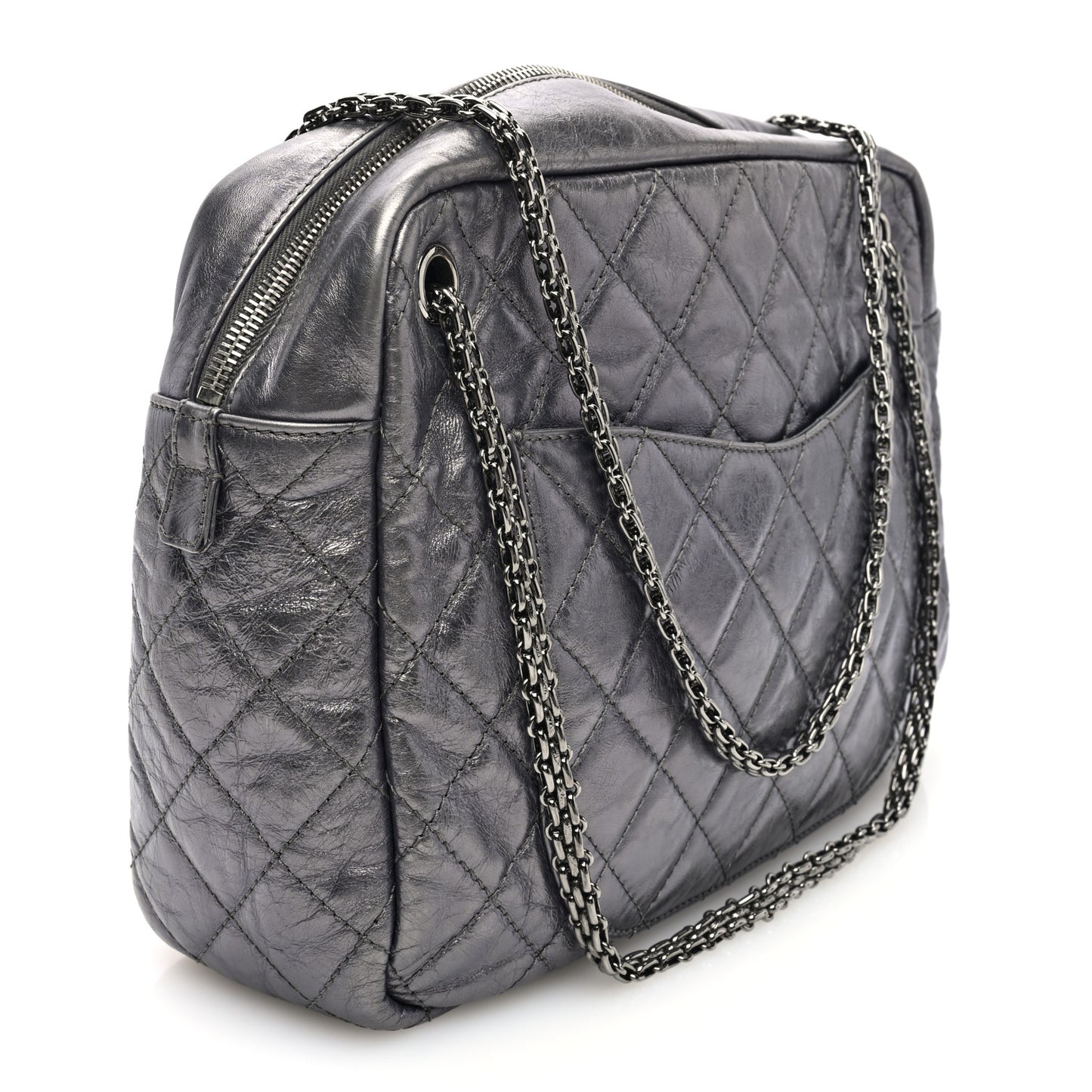 Metallic Aged Calfskin Quilted Large Reissue Camera Case Silver