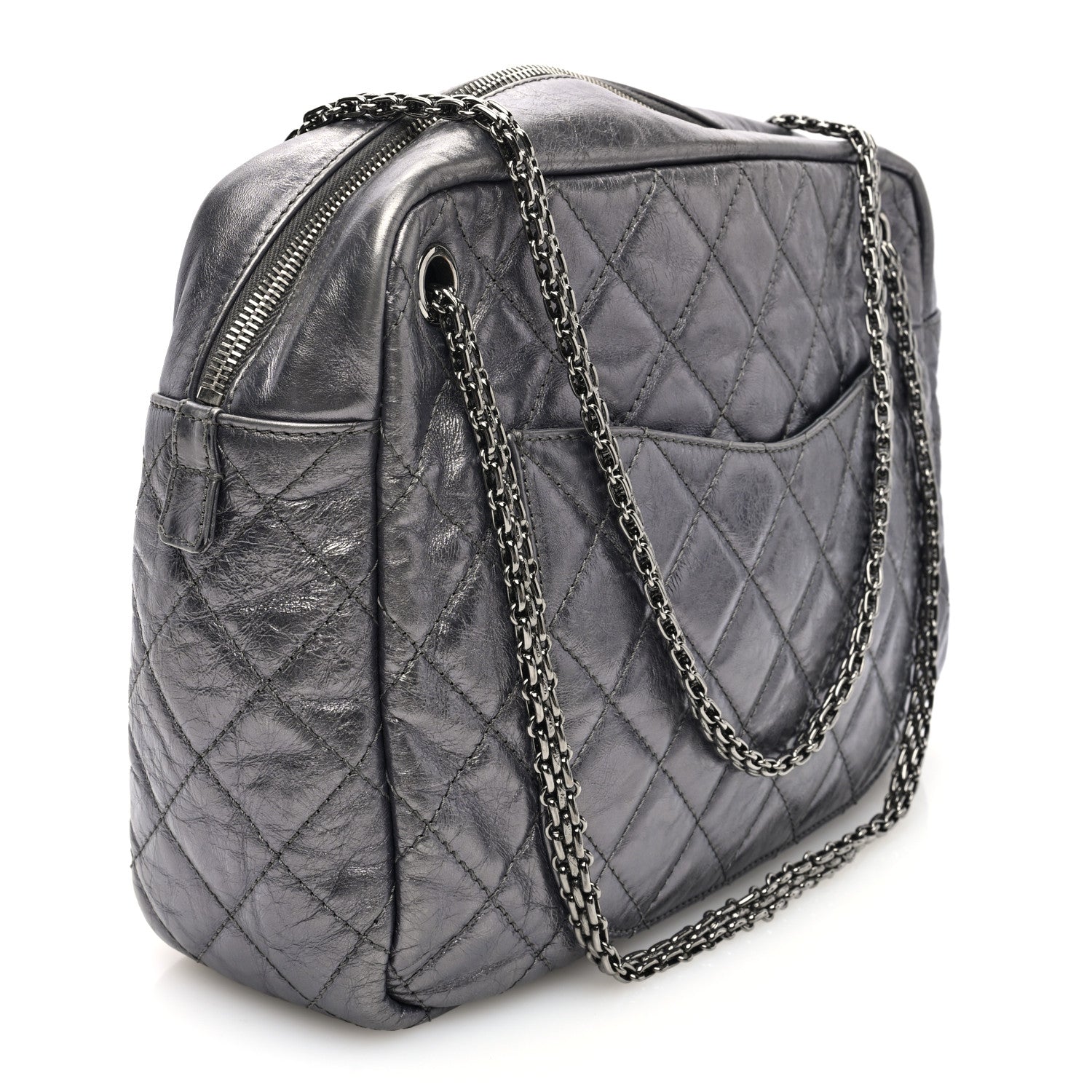 Chanel Metallic Aged Calfskin Quilted Large Reissue Camera Case Silver 3 of 10