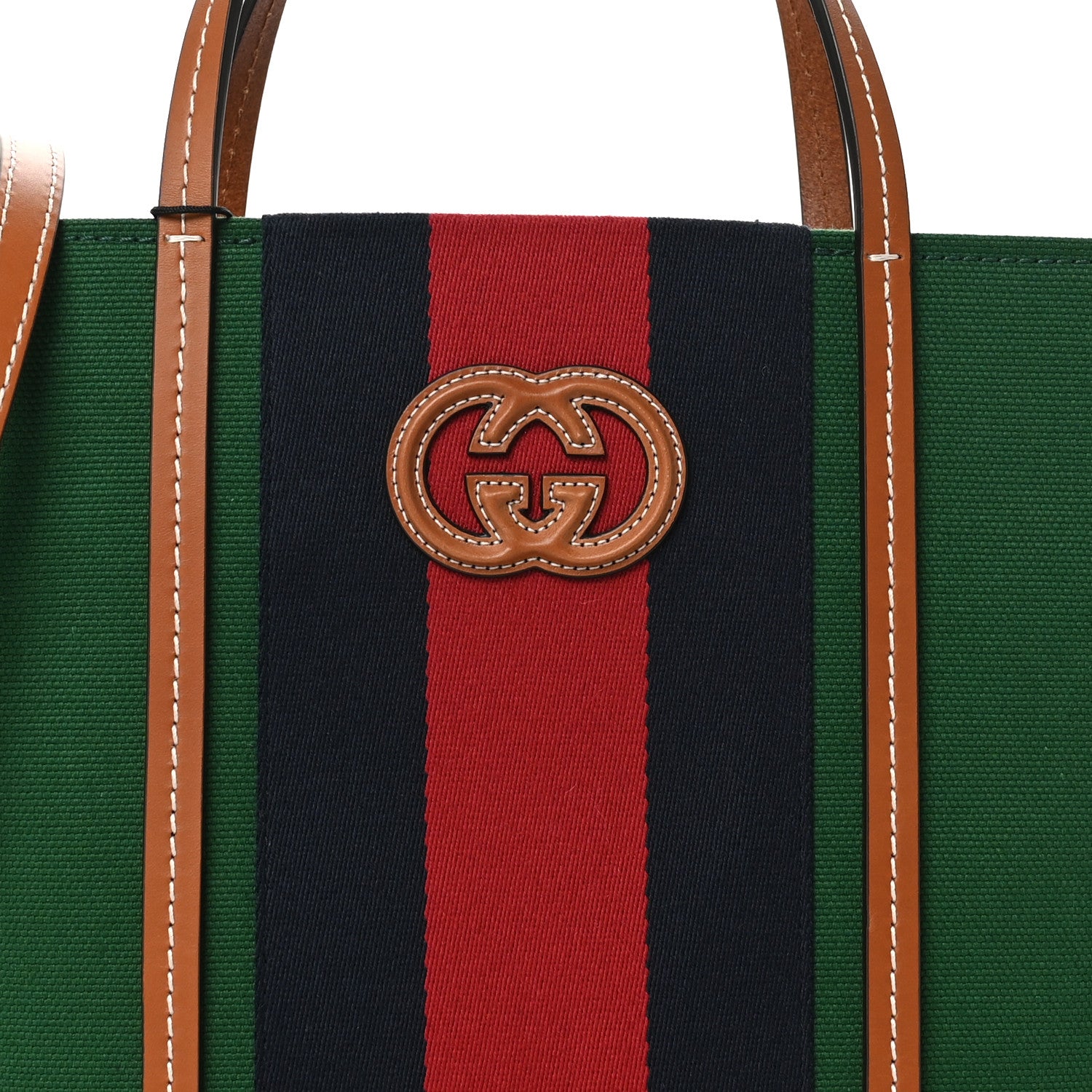 Gucci Mountain Canvas Calfskin Web Small Interlocking G Tote Bag Turtle Green Hibiscus Red 8 of 10