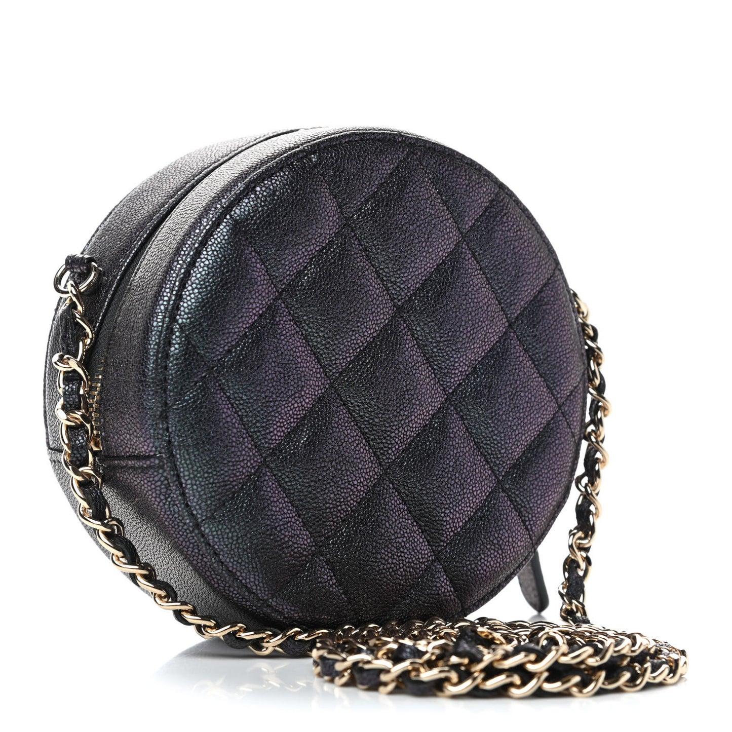 Iridescent Caviar Quilted Round Clutch With Chain Black