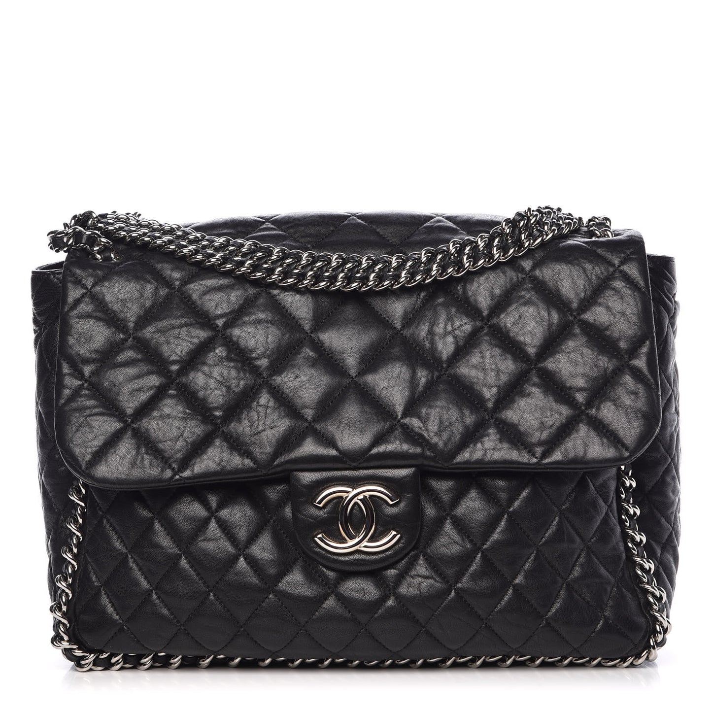 Washed Lambskin Quilted Maxi Chain Around Flap Black