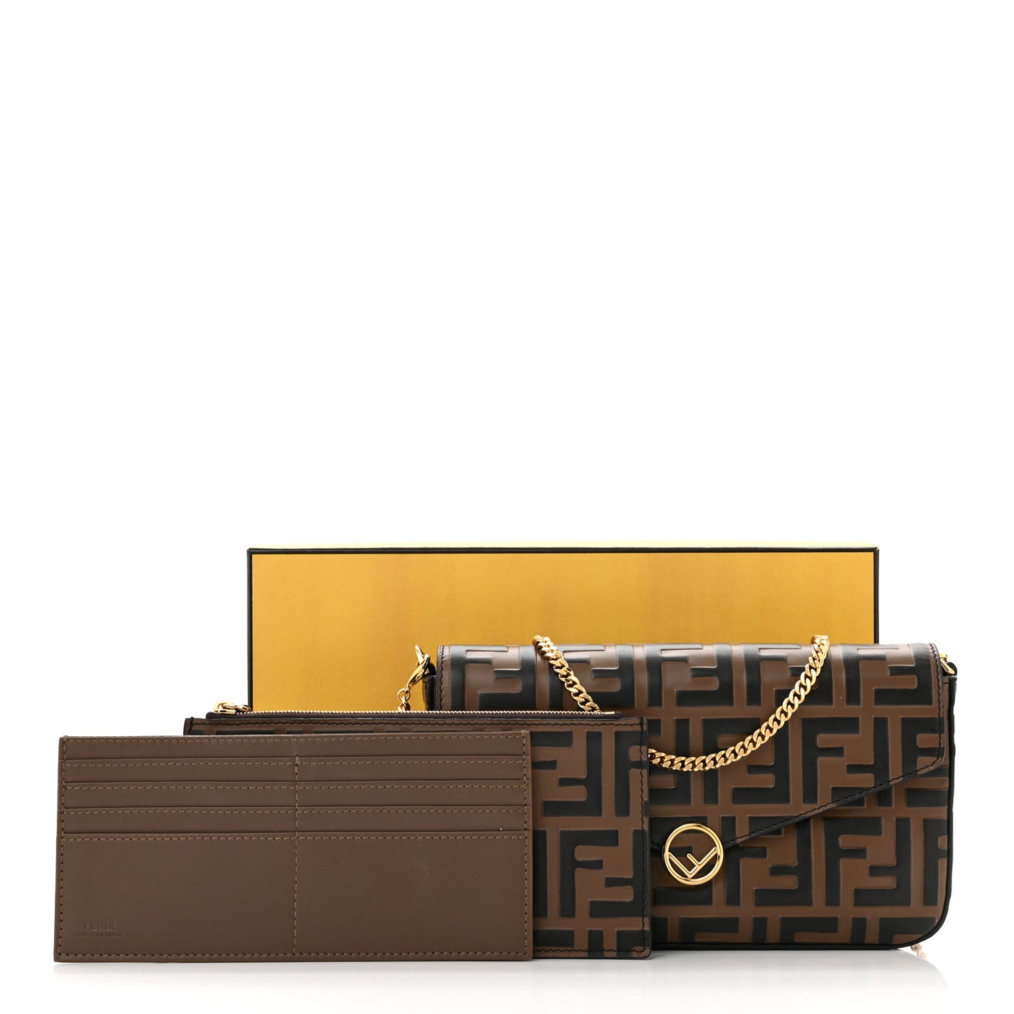 Vitello Soft F is Fendi Bi-Color FF 1974 Embossed Envelope Wallet On Chain with Pouches Maya Black