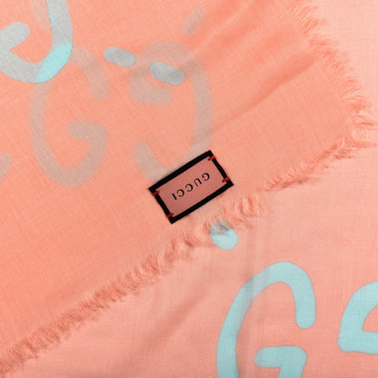 Gucci Modal Silk GG Writers Fringe Shawl Old Rose Sky Blue 2 of 3
