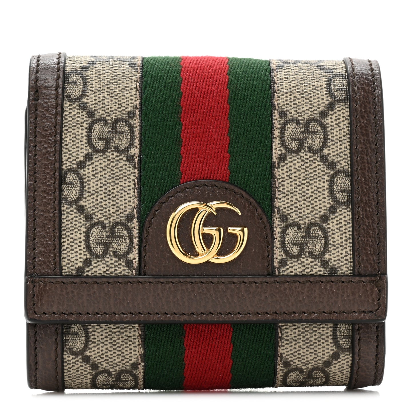 GG Supreme Monogram Textured Calfskin Web Ophidia Card Case Wallet Beige Ebony New Acero