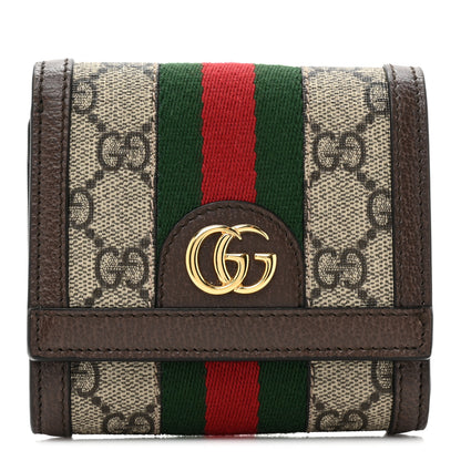 Gucci GG Supreme Monogram Textured Calfskin Web Ophidia Card Case Wallet Beige Ebony New Acero 1 of 10