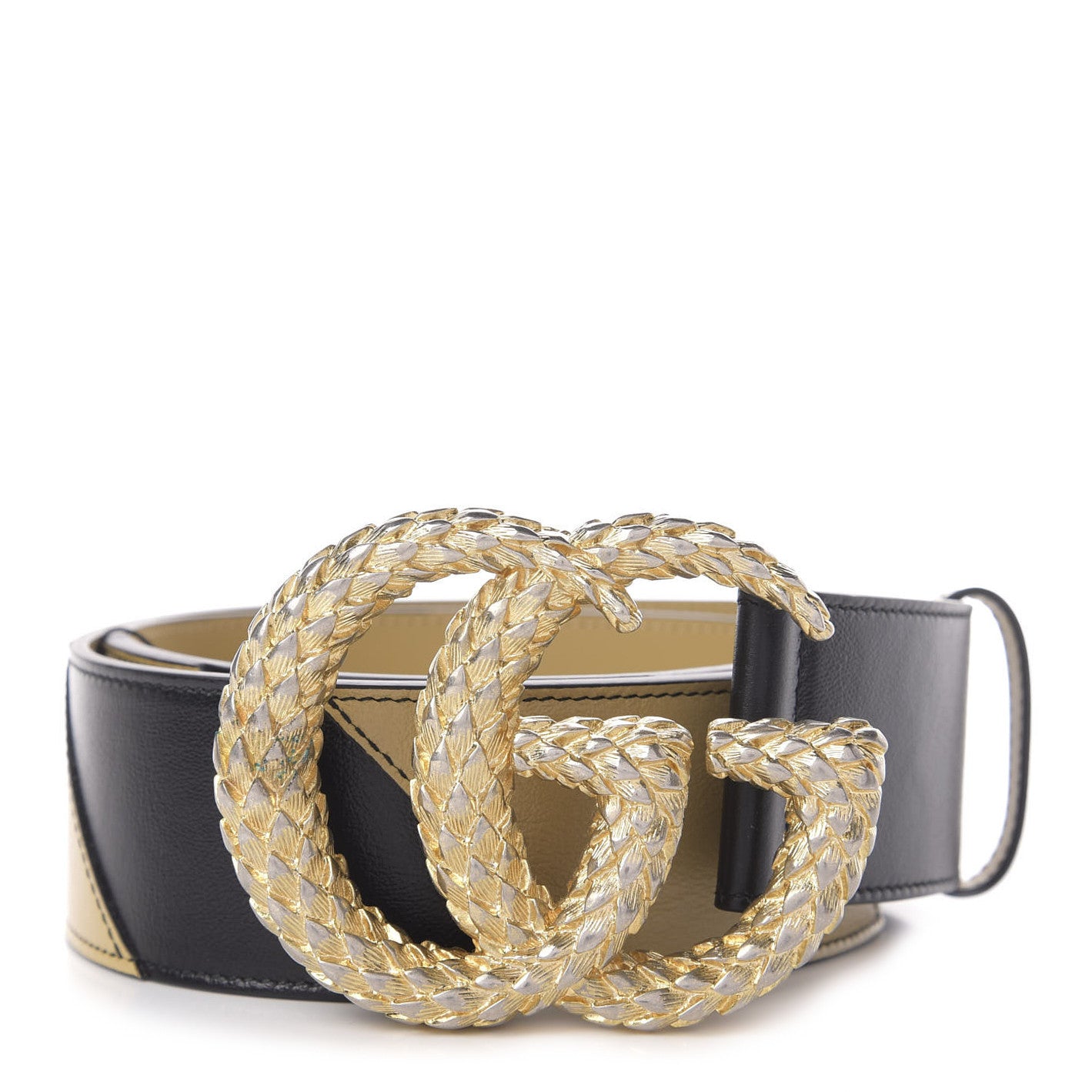 Gucci Calfskin Striped Textured Double G 50mm Belt 85 34 Black Beige 1 of 4