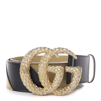 Gucci Calfskin Striped Textured Double G 50mm Belt 85 34 Black Beige 1 of 4