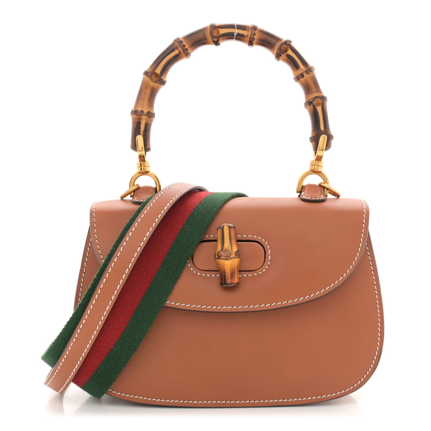 Boarded Dyana Lux Calfskin Web Small Bamboo 1947 Top Handle Bag Brown