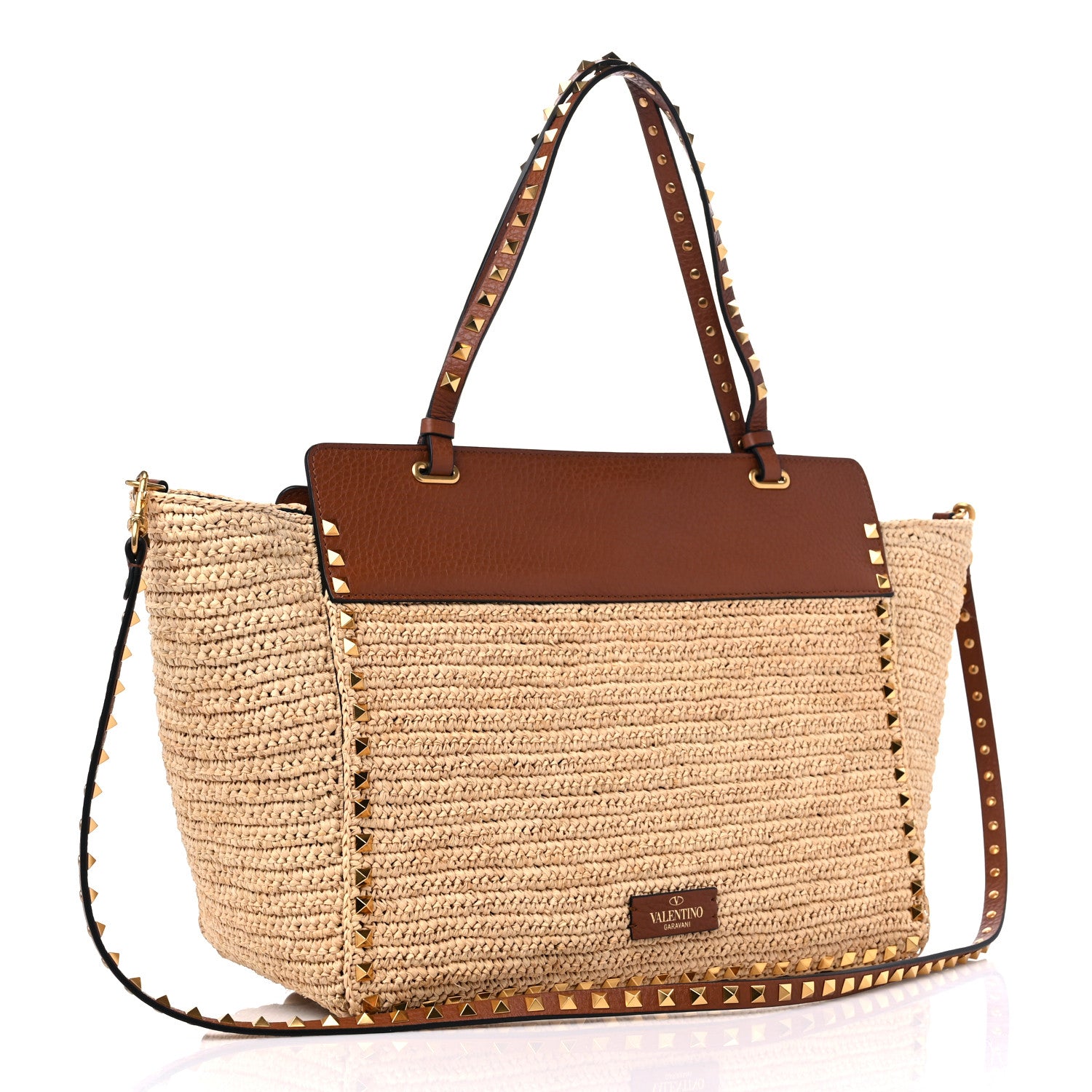 Valentino Garavani Raffia Calfskin Rockstud Tote Naturale Saddle Brown 3 of 8