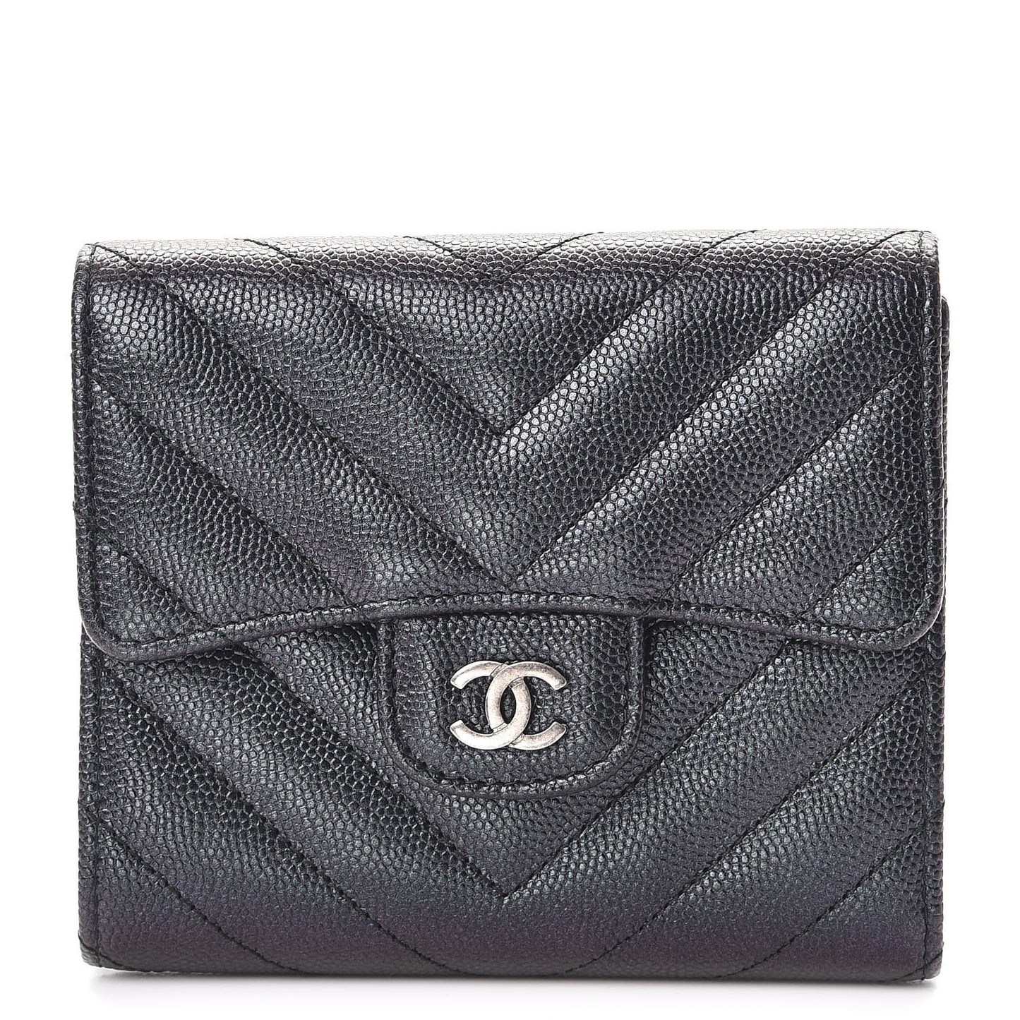 Iridescent Caviar Chevron Quilted Compact Flap Wallet Black