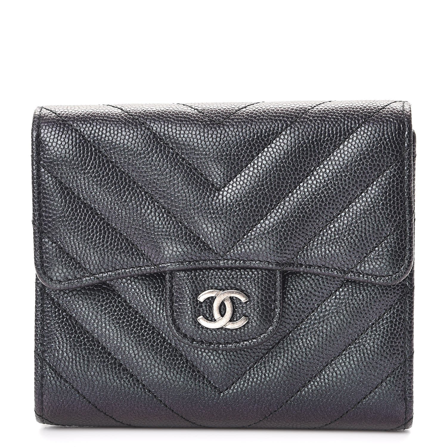 Chanel Iridescent Caviar Chevron Quilted Compact Flap Wallet Black 1 of 10