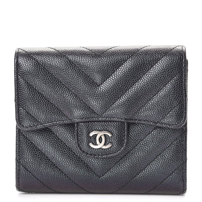 Chanel Iridescent Caviar Chevron Quilted Compact Flap Wallet Black 1 of 10