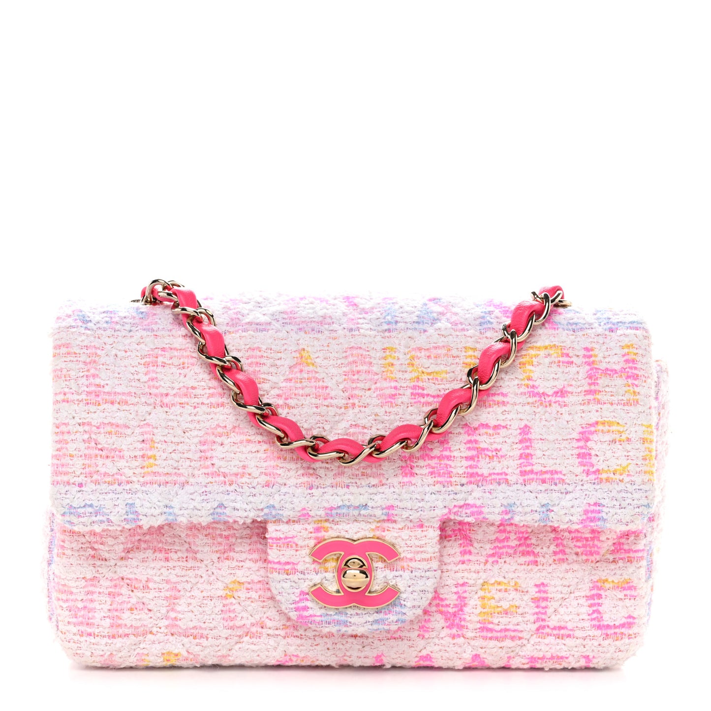 Tweed Quilted Enamel CC Logo Mini Rectangular Flap Pink Multicolor