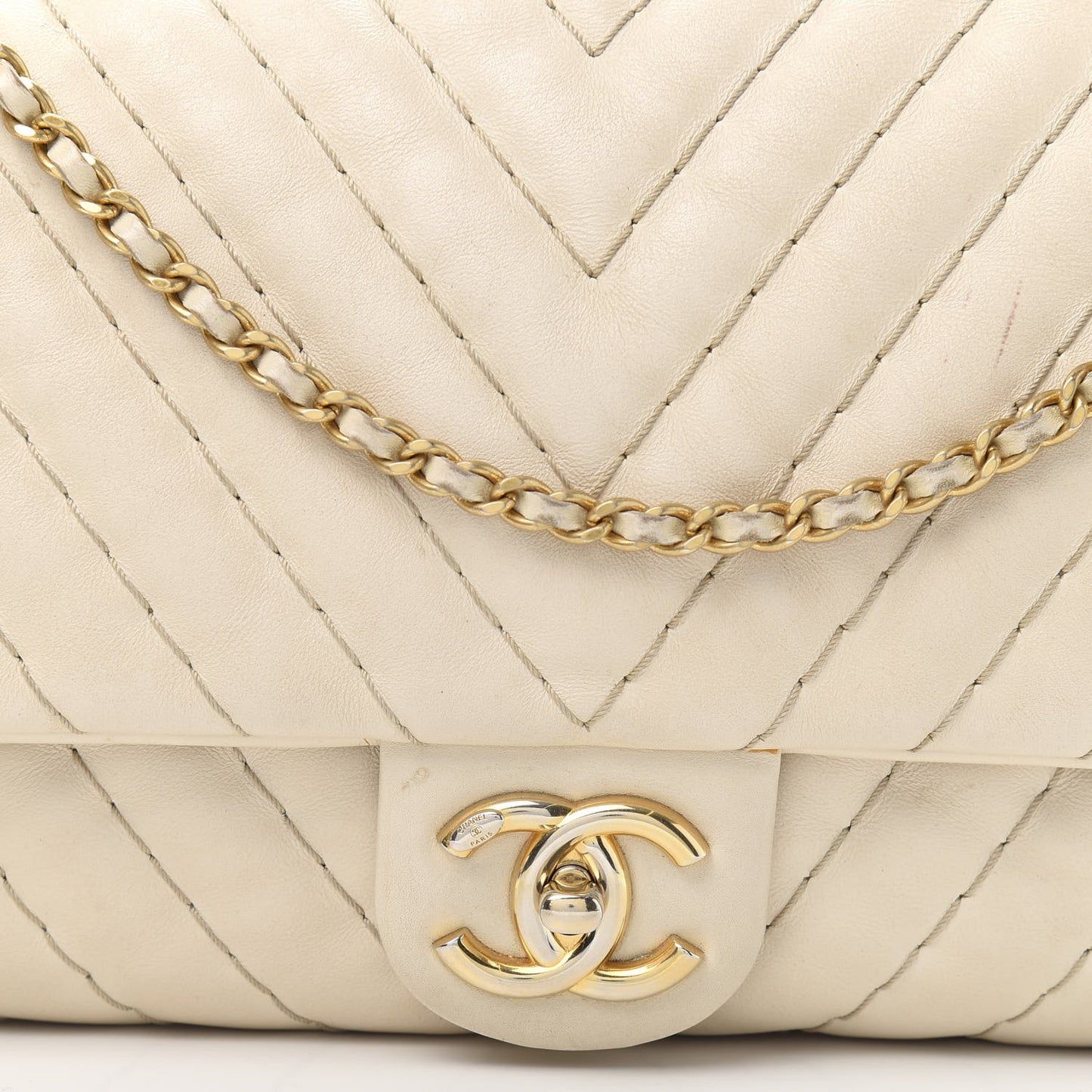 Calfskin Surpique Chevron Large Flap Beige