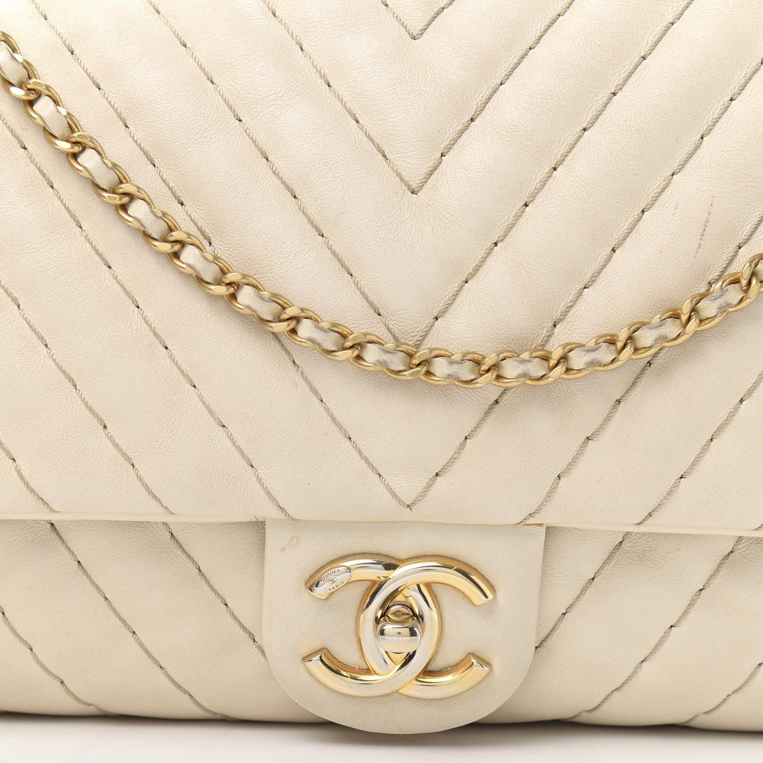 Chanel Calfskin Surpique Chevron Large Flap Beige 19 of 19