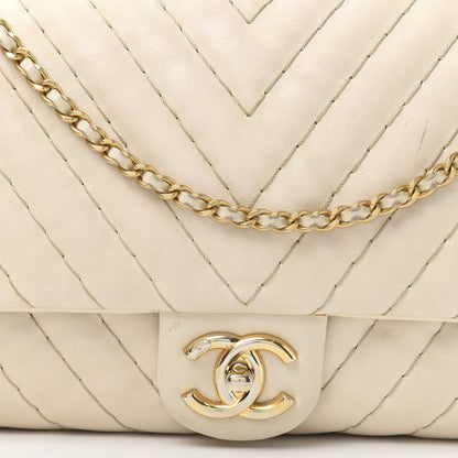 Chanel Calfskin Surpique Chevron Large Flap Beige 19 of 19