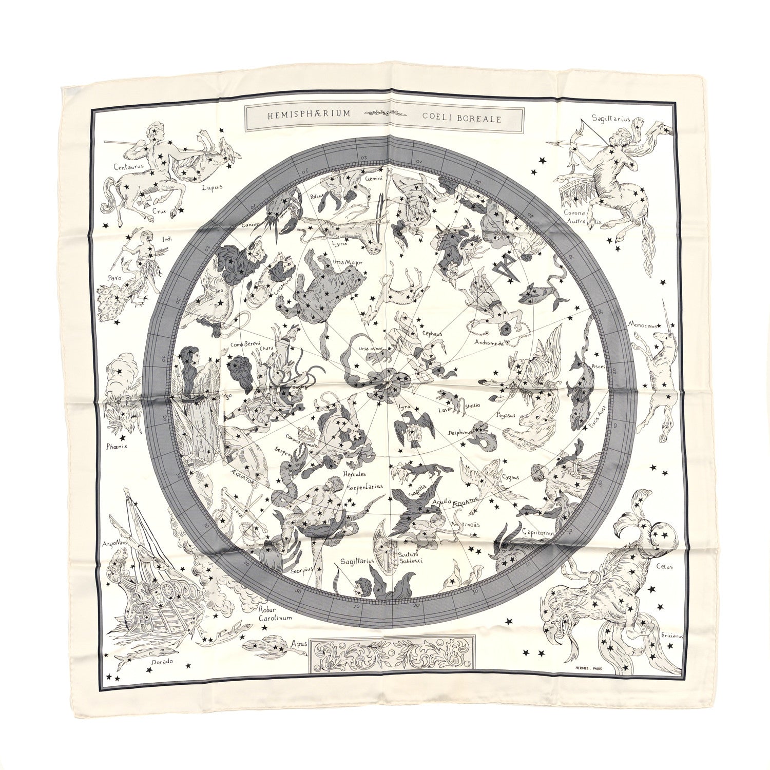 Hermes Silk Hemisphaerium Coeli Boreale Scarf 90 Black White Gris 1 of 5