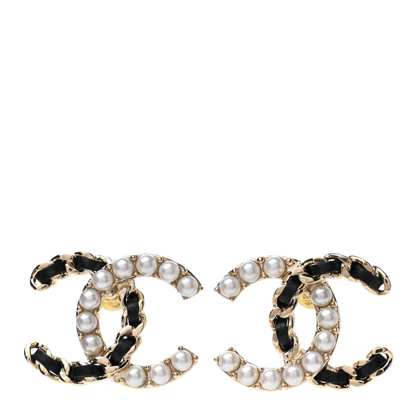 Pearl Lambskin Chain CC Stud Earrings Gold Black