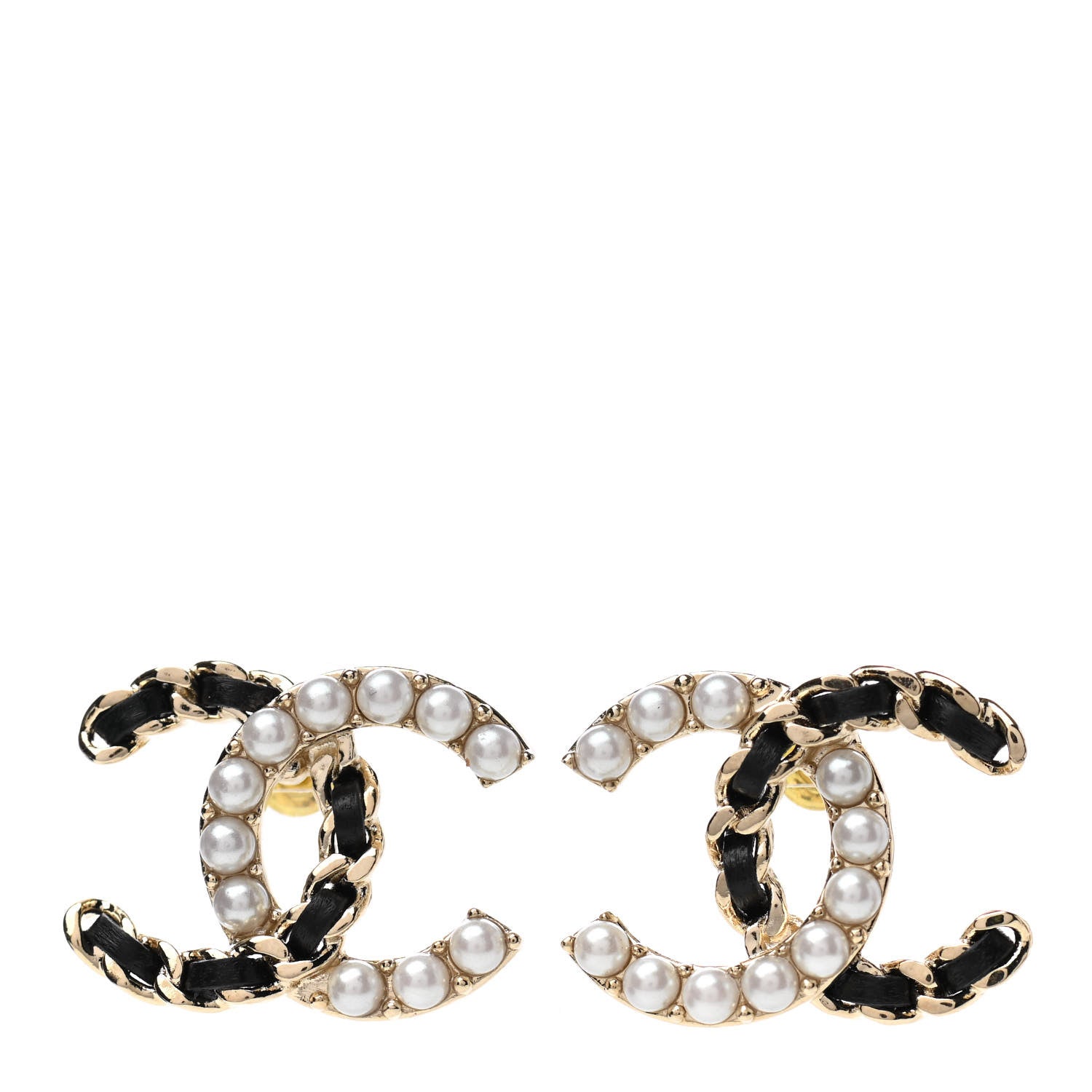 Chanel Pearl Lambskin Chain CC Stud Earrings Gold Black 1 of 5