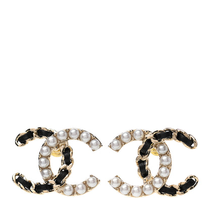 Chanel Pearl Lambskin Chain CC Stud Earrings Gold Black 1 of 5