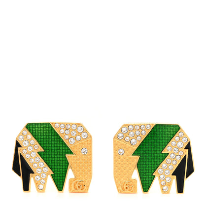 Gucci Metal Crystal Elephant Motif Clip On Earrings Green Gold 1 of 5