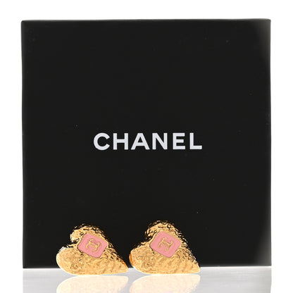 Chanel Metal Enamel CC Heart Earrings Gold Pink 5 of 5