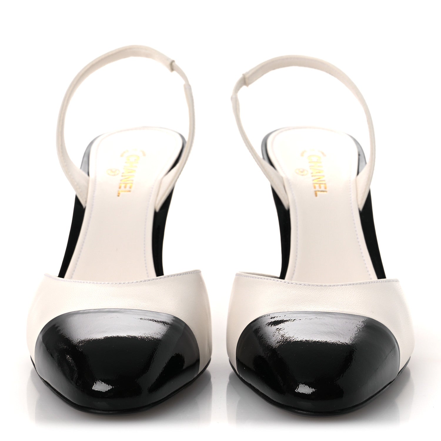 Chanel Lambskin Patent Calfskin Cap Toe CC Apple Slingback Pumps 40 White Black 3 of 11