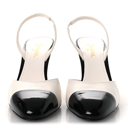 Chanel Lambskin Patent Calfskin Cap Toe CC Apple Slingback Pumps 40 White Black 3 of 11
