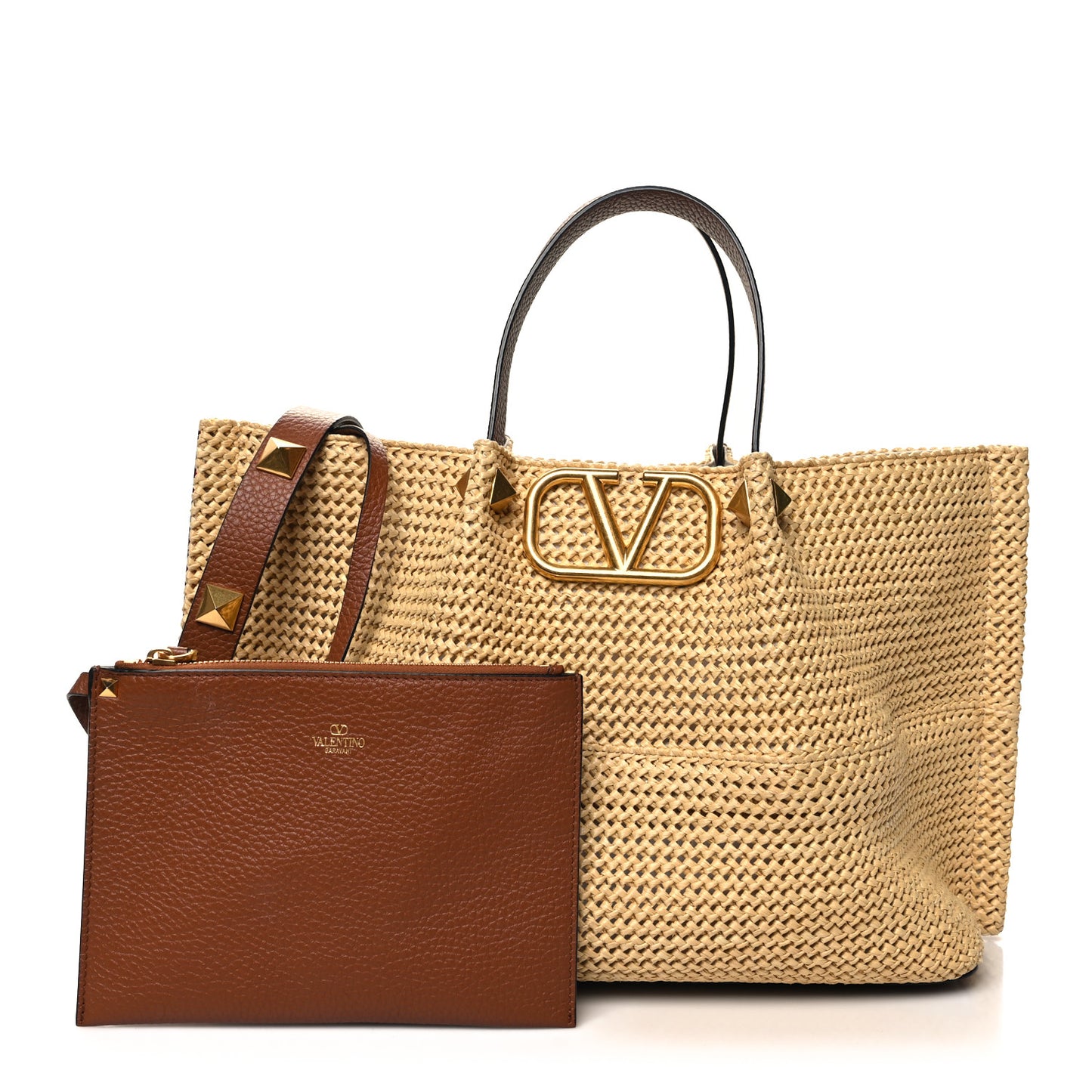 Raffia Grained Calfskin Medium Rockstud Vlogo Tote Naturale