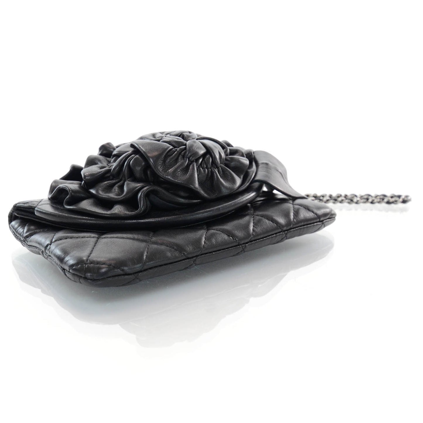 Lambskin Quilted Camellia Wristlet Black