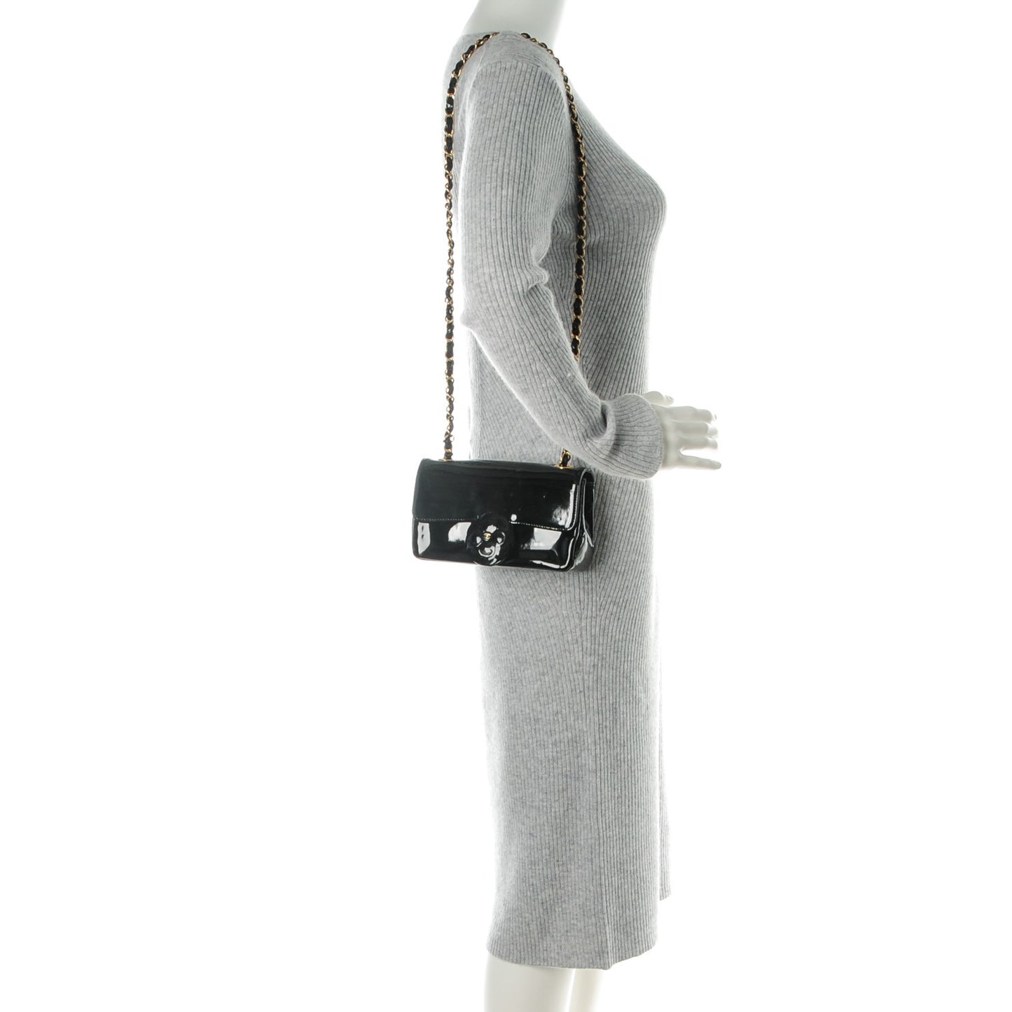 Patent Calfskin Camellia Mini Rectangular Flap Black