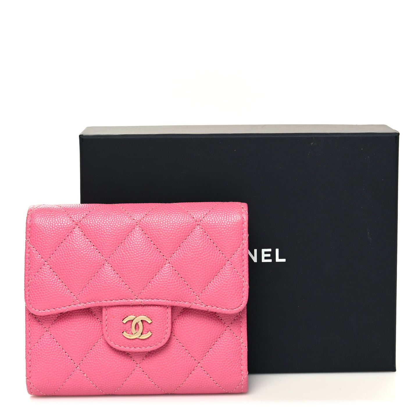 Caviar Quilted Compact Flap Wallet Pink