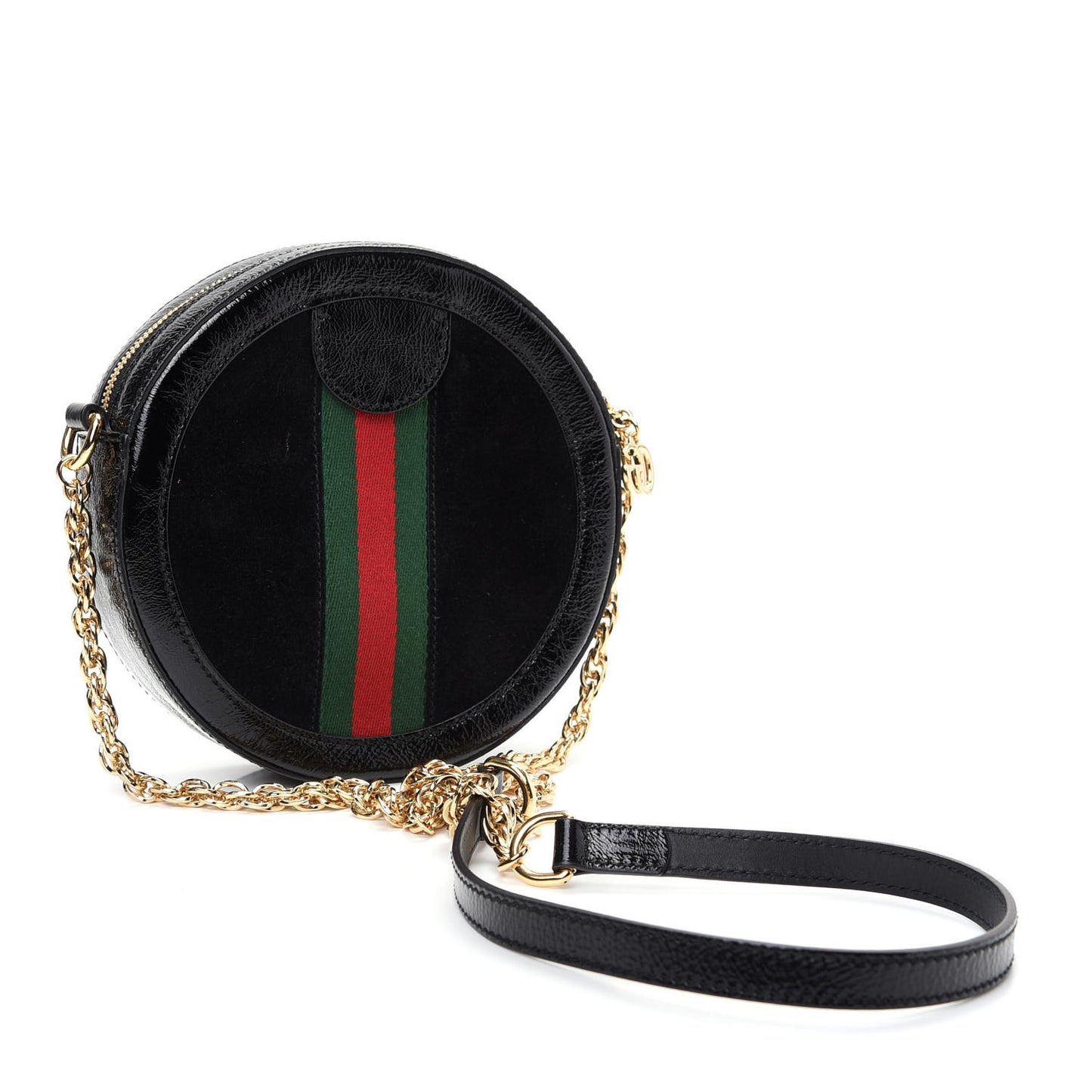 Suede Patent Web Mini Ophidia Round Shoulder Bag Black