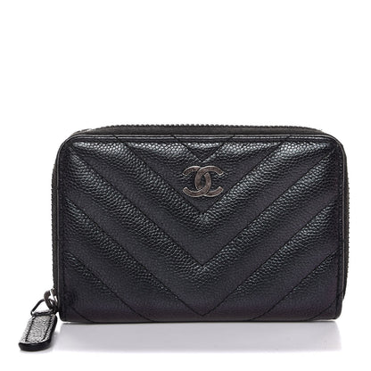 Chanel Iridescent Caviar Chevron Quilted Zip Around Coin Purse Black 1 of 8