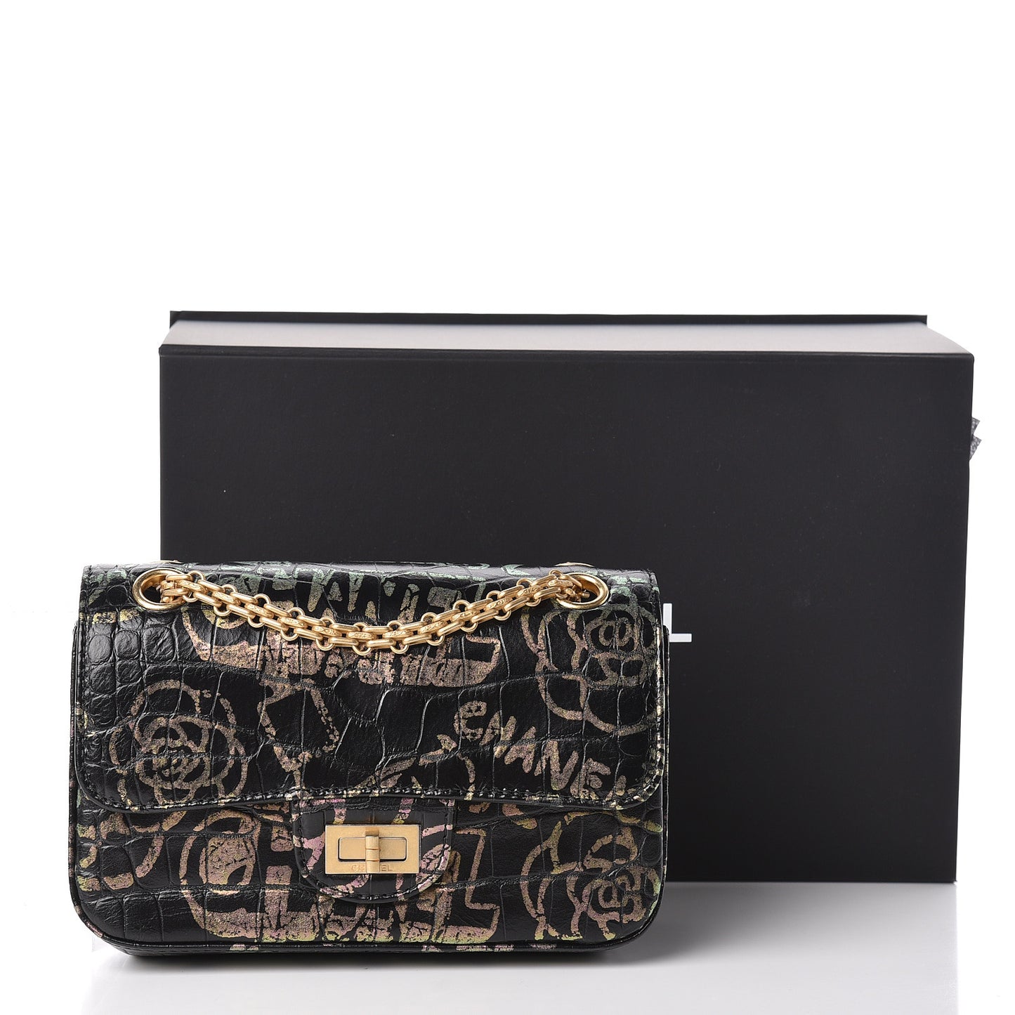Calfskin Crocodile Embossed Graffiti 2.55 Mini Cocodile Reissue Flap Black Pink