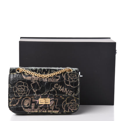 Chanel Calfskin Crocodile Embossed Graffiti 2.55 Mini Cocodile Reissue Flap Black Pink 11 of 11